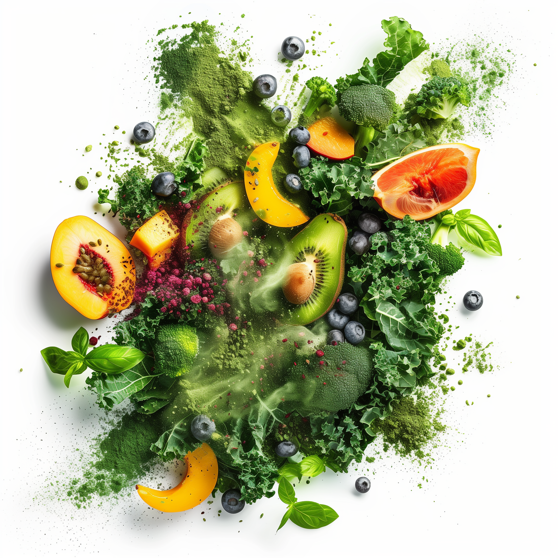Explosion of Fruits and Vegetables like Peaches, Oranges, Fresh Herbs, Blueberries and Kiwis Mixed With Kale and Broccoli