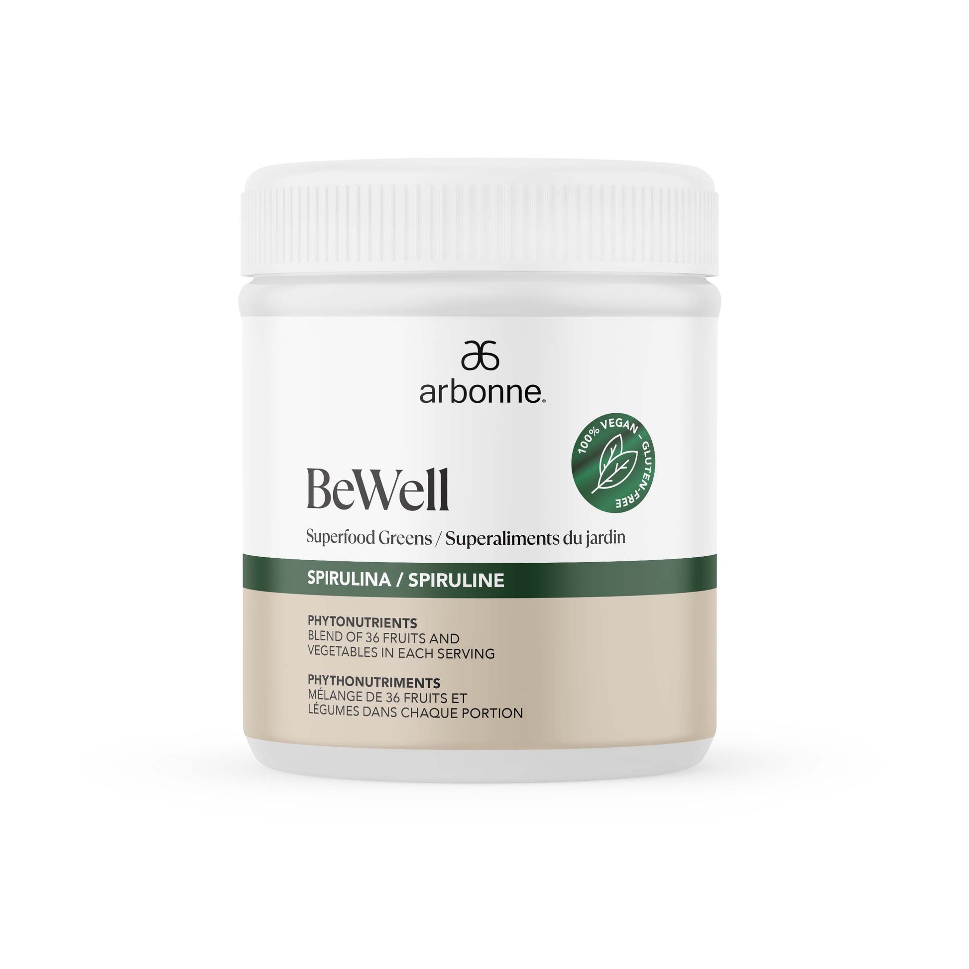 MindBodySkin Arbonne BeWell Superfood Greens with Spirulina, highlighting 36 fruits and vegetables per serving.