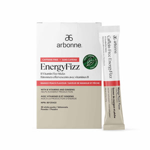 Arbonne EnergyFizz B Vitamin Fizz Sticks in mango peach flavor packaging, labeled as caffeine-free, 100% vegan, and gluten-free.
