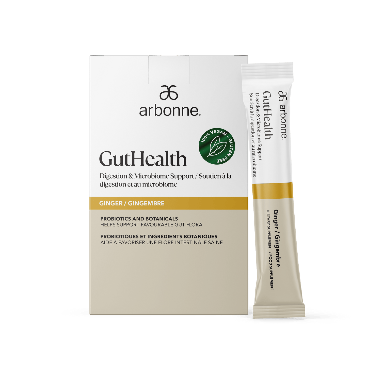 MindBodySkin Arbonne GutHealth Digestion and Microbiome Support with Ginger, containing probiotics and botanicals.