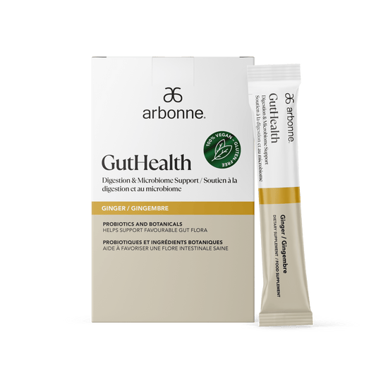 MindBodySkin Arbonne GutHealth Digestion and Microbiome Support with Ginger, containing probiotics and botanicals.