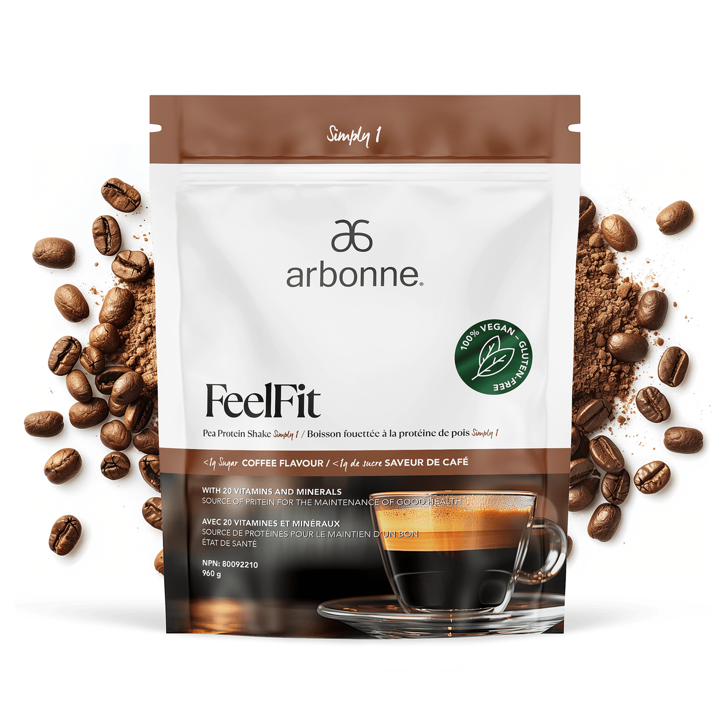 Arbonne FeelFit vegan pea protein powder in coffee flavor, displayed in a sleek white and brown packaging with a green vegan certification seal, against a white background.