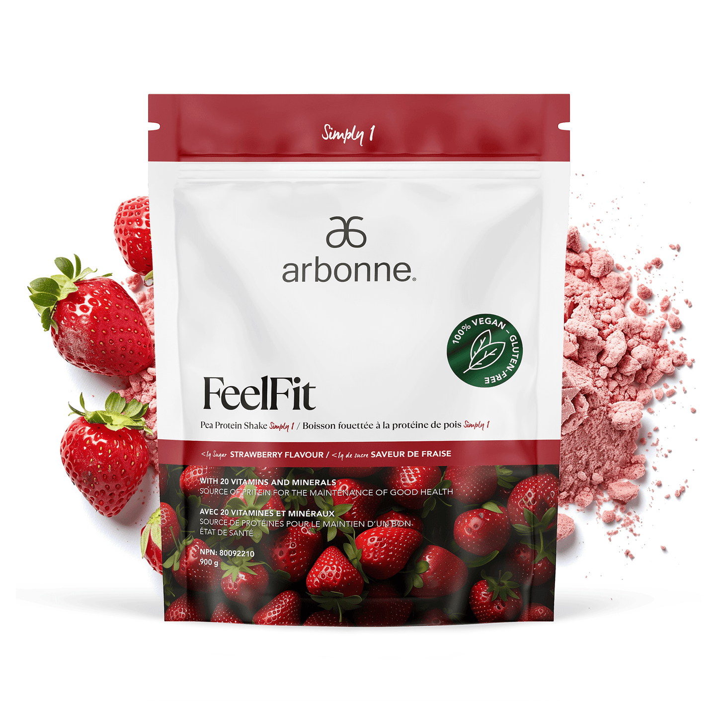 Arbonne FeelFit vegan pea protein powder in strawberry flavor, featuring vibrant strawberries on the packaging with a prominent green vegan certification seal, set against a white backdrop.