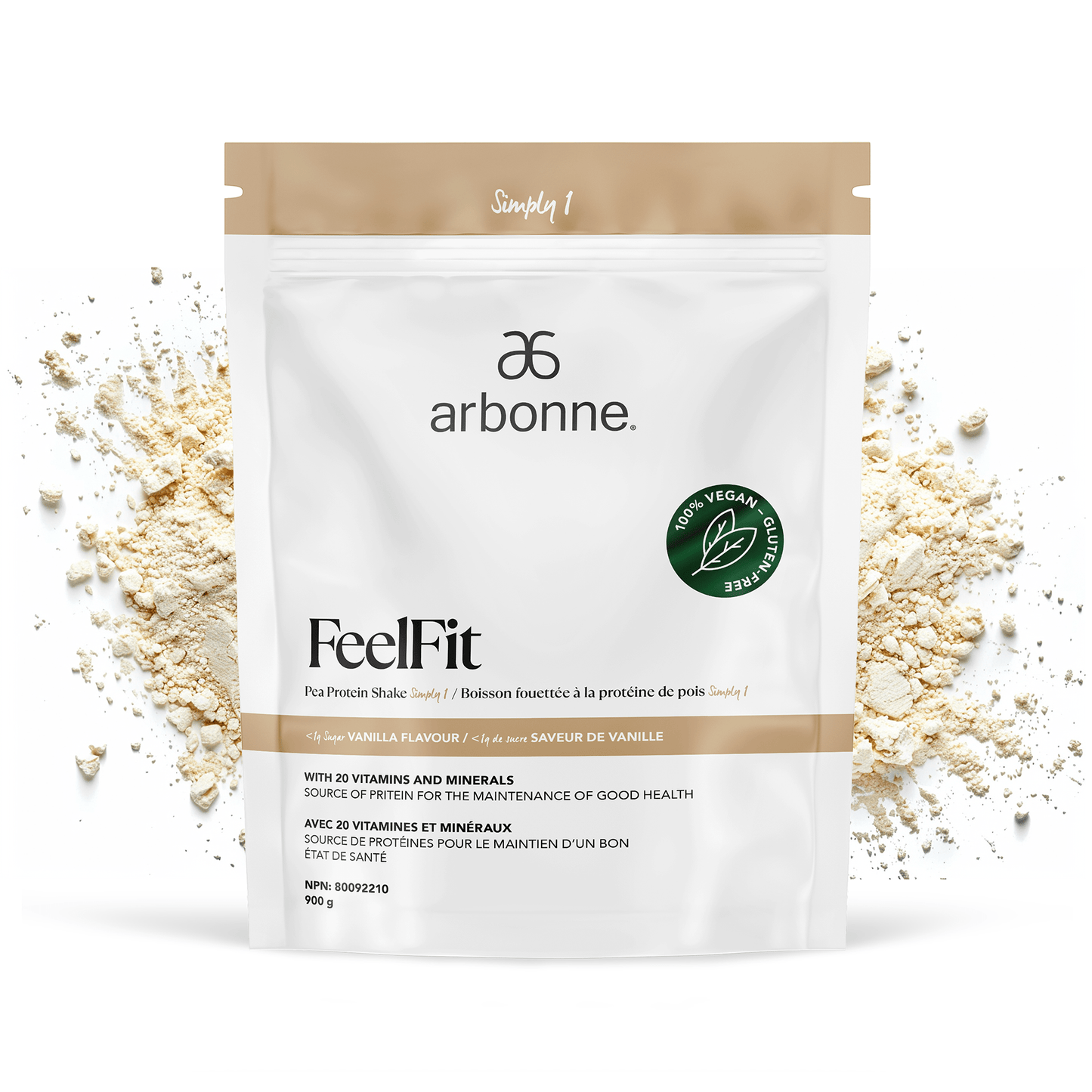 Elegant white and gold packaging of Arbonne FeelFit vegan pea protein powder with a vanilla flavor, adorned with a green vegan certification seal, presented on a clean white surface.