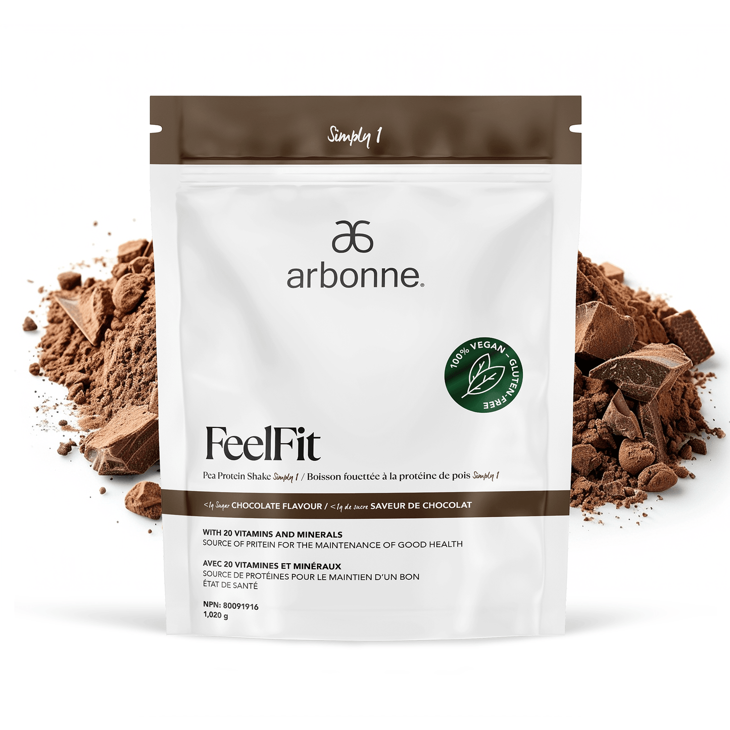 Arbonne FeelFit chocolate-flavored vegan pea protein powder, showcased in a classic white package with a brown accent and the signature green vegan certification seal.