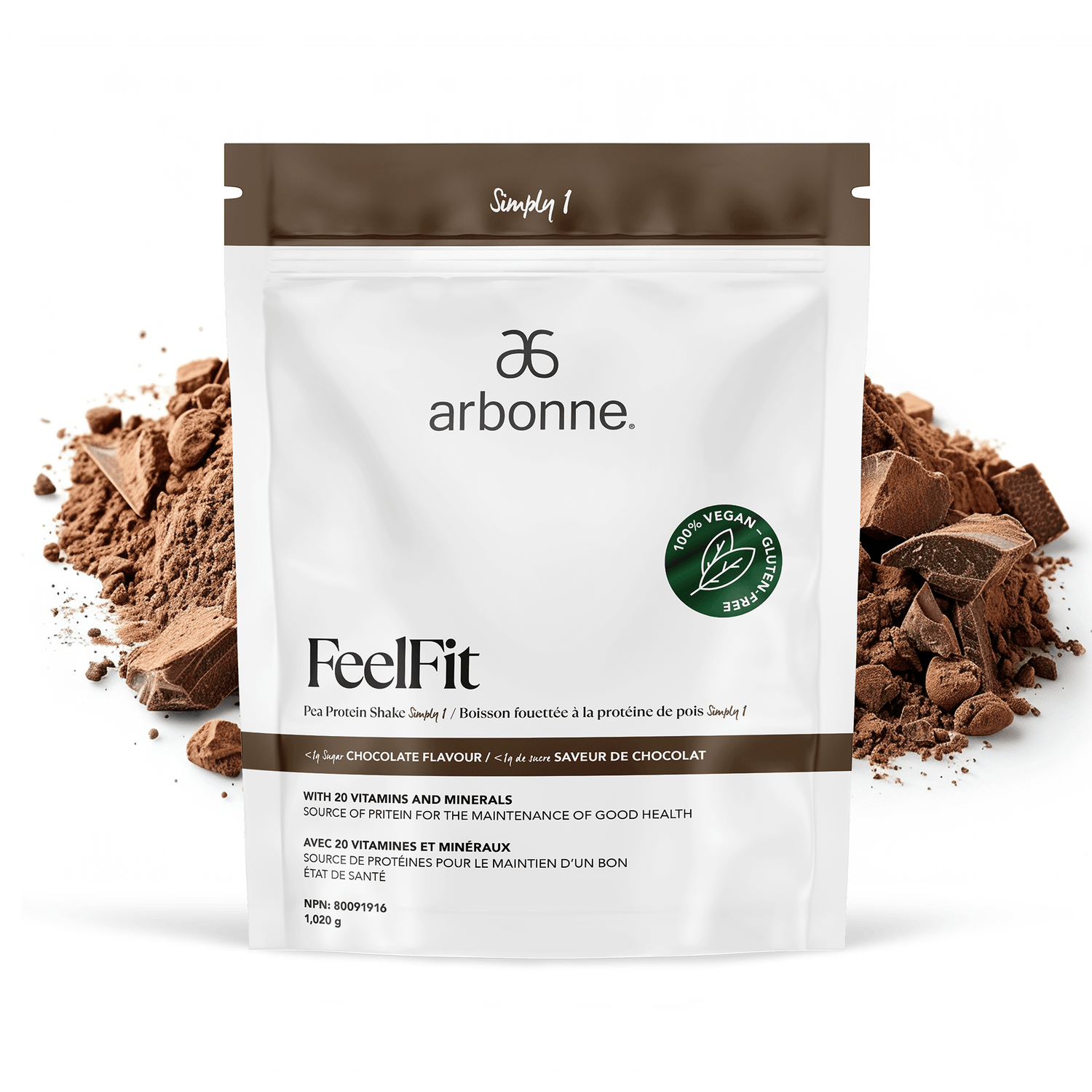 Arbonne FeelFit chocolate-flavored vegan pea protein powder, showcased in a classic white package with a brown accent and the signature green vegan certification seal.