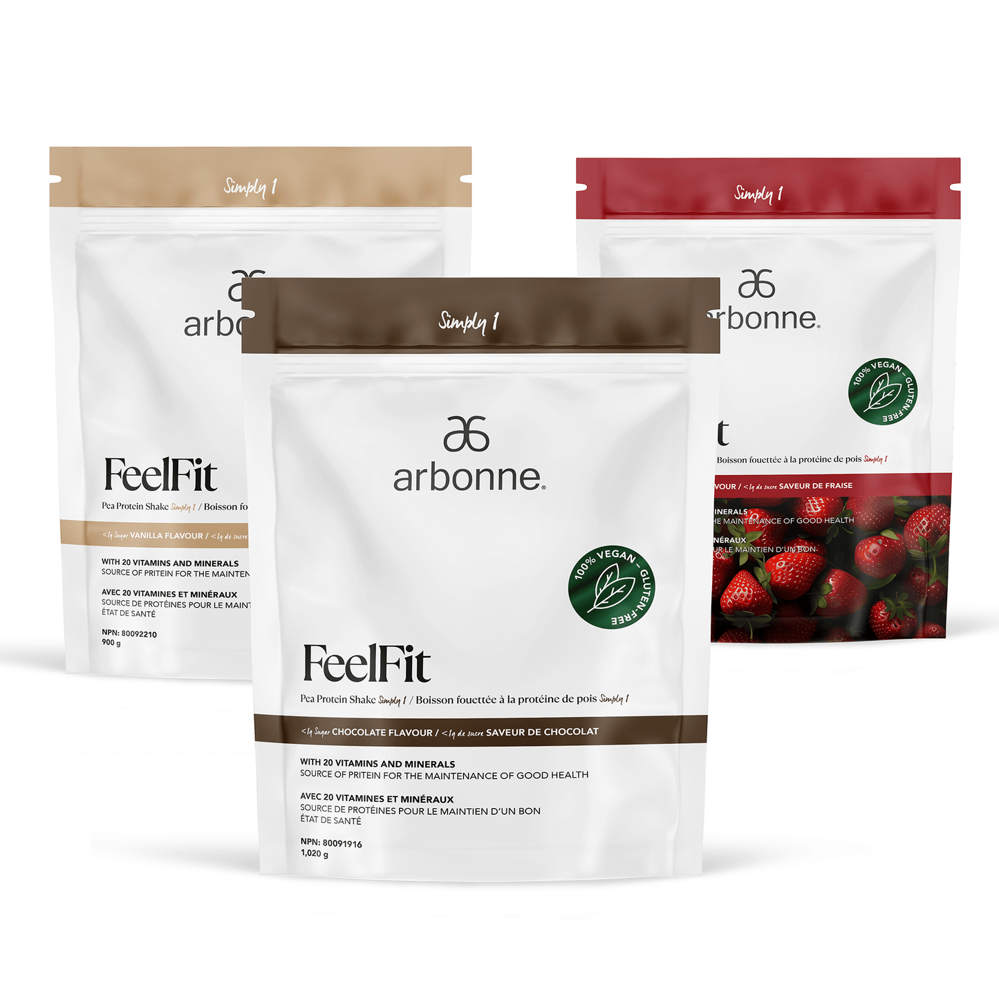 Arbonne FeelFit pea protein shake bags in vanilla and chocolate flavors, displayed with vegan and health benefit callouts.
