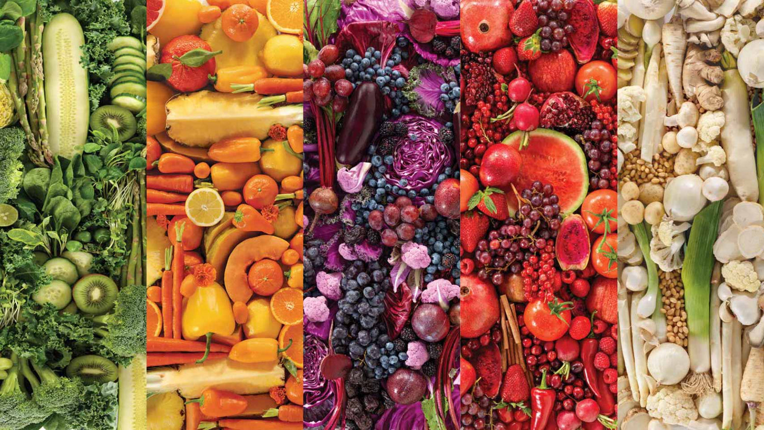 Phytonutrients An assortment of colorful fruits and vegetables arranged by color: green, yellow, purple, red, and white.