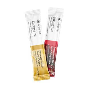 Two Arbonne EnergyFizz Ginseng Fizz Stick packets, one in Pineapple Flavor and the other in Pomegranate Flavor, dietary supplements for energy.