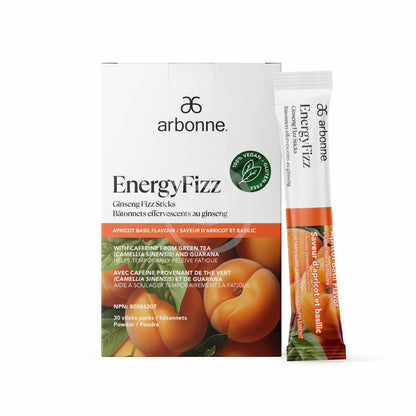 Arbonne EnergyFizz Ginseng Fizz Sticks in Apricot Basil Flavor, a vegan-friendly energy supplement with caffeine from green tea and guarana, presented in orange and green packaging.