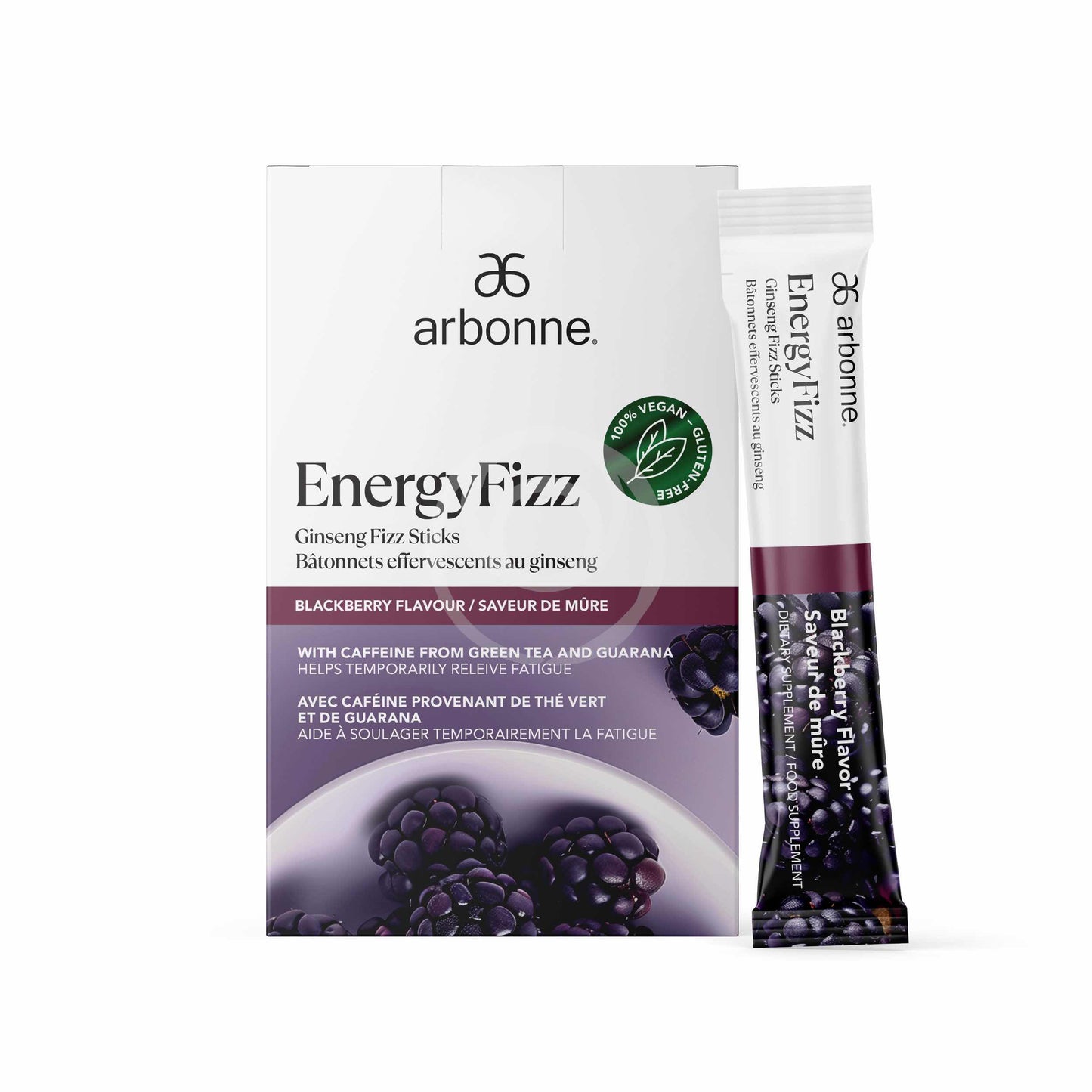 Arbonne EnergyFizz Ginseng Fizz Sticks in Blackberry Flavor, vegan-certified dietary supplement with caffeine from green tea and guarana.