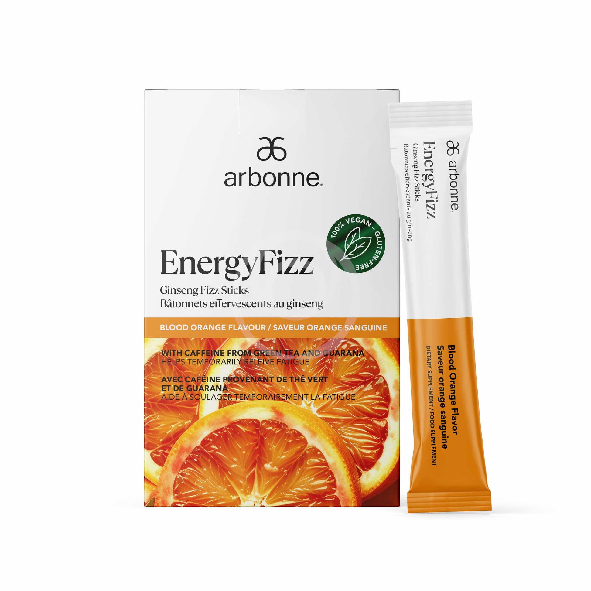 Arbonne EnergyFizz Ginseng Fizz Sticks in Blood Orange Flavor, dietary supplement with caffeine from green tea and guarana, displayed with vibrant orange packaging.