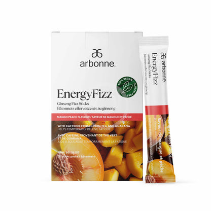 Arbonne EnergyFizz Ginseng Fizz Sticks in Mango Peach Flavor, a vegan-certified energy supplement with green tea and guarana caffeine, featuring ripe mango and peach imagery.