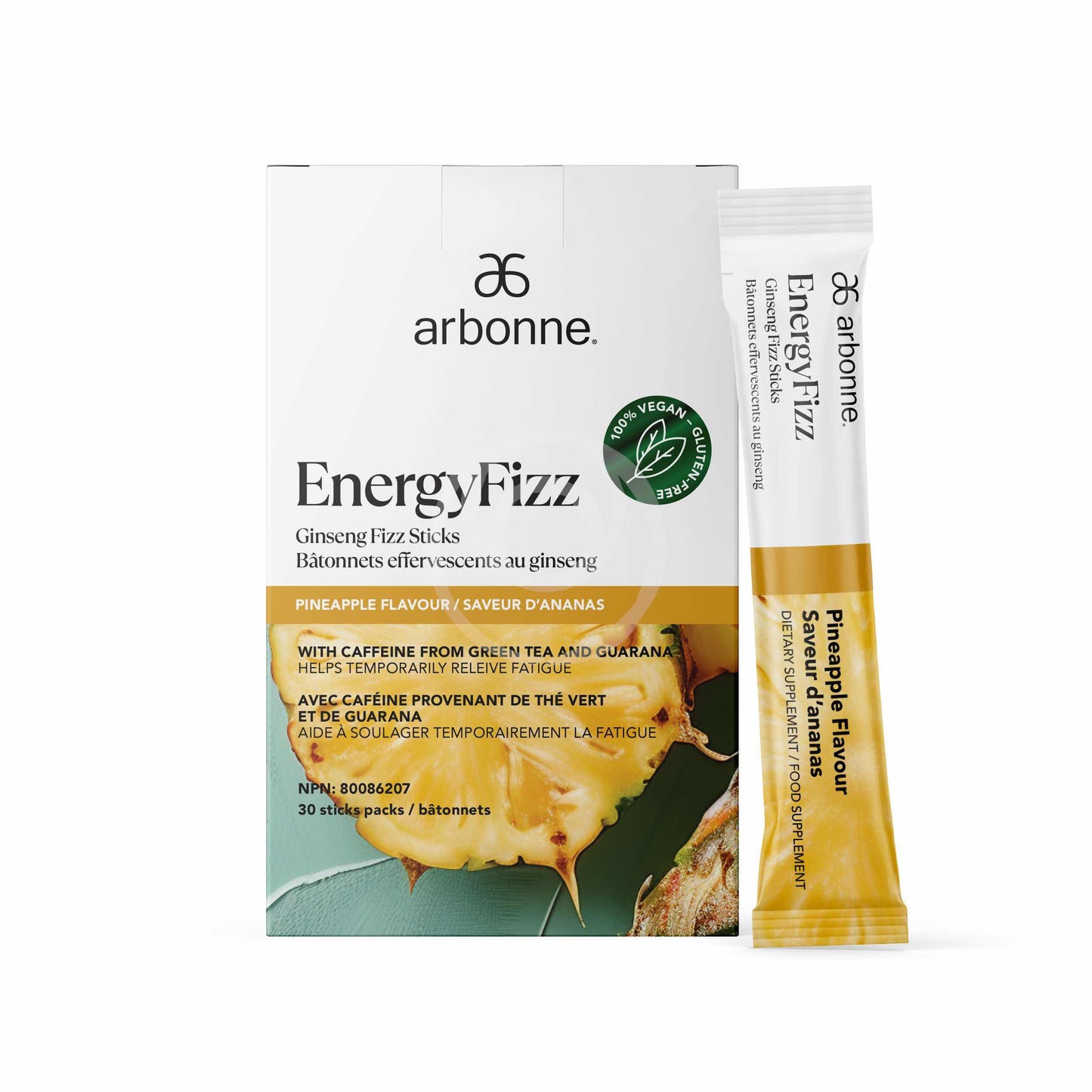 Arbonne EnergyFizz Ginseng Fizz Sticks in Pineapple Flavor, vegan-certified with caffeine from green tea and guarana, featuring white and green packaging.