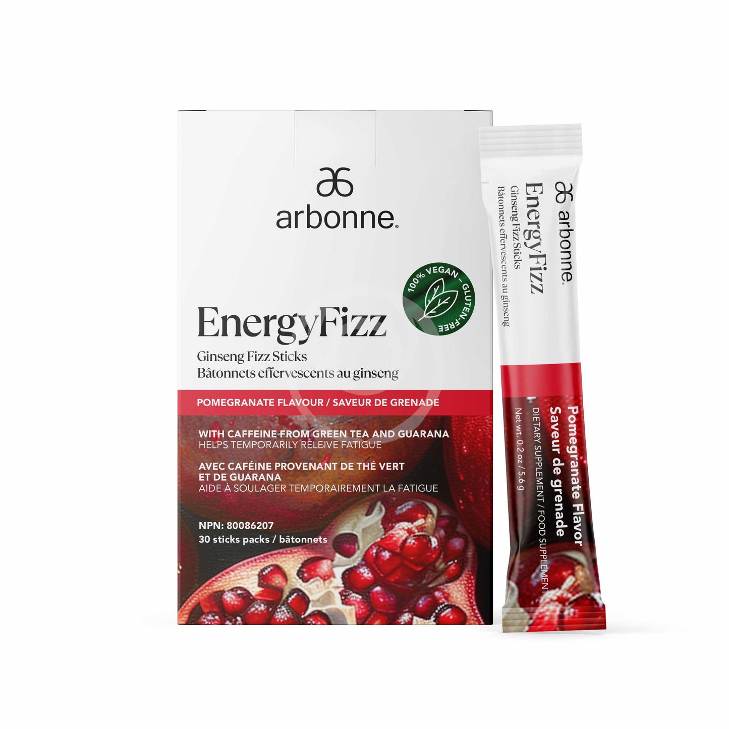 Arbonne EnergyFizz Ginseng Fizz Sticks in Pomegranate Flavor, showcasing the product's vegan credentials and caffeine from green tea and guarana.