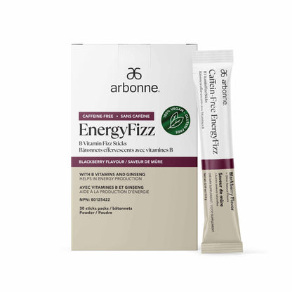 Arbonne EnergyFizz B Vitamin Fizz Sticks in blackberry flavor packaging, labeled as caffeine-free, 100% vegan, and gluten-free.