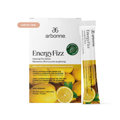 Arbonne EnergyFizz Ginseng Fizz Sticks in sweet citrus flavor packaging, featuring lemons and labeled as vegan and gluten-free.