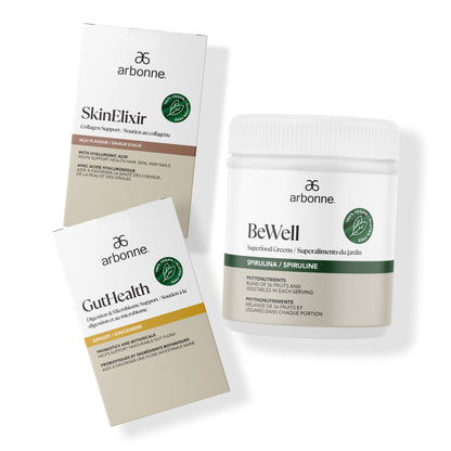 MindBodySkin wellness collection featuring Arbonne BeWell Superfood Greens with Spirulina, GutHealth with Ginger, and SkinElixir Collagen Support.