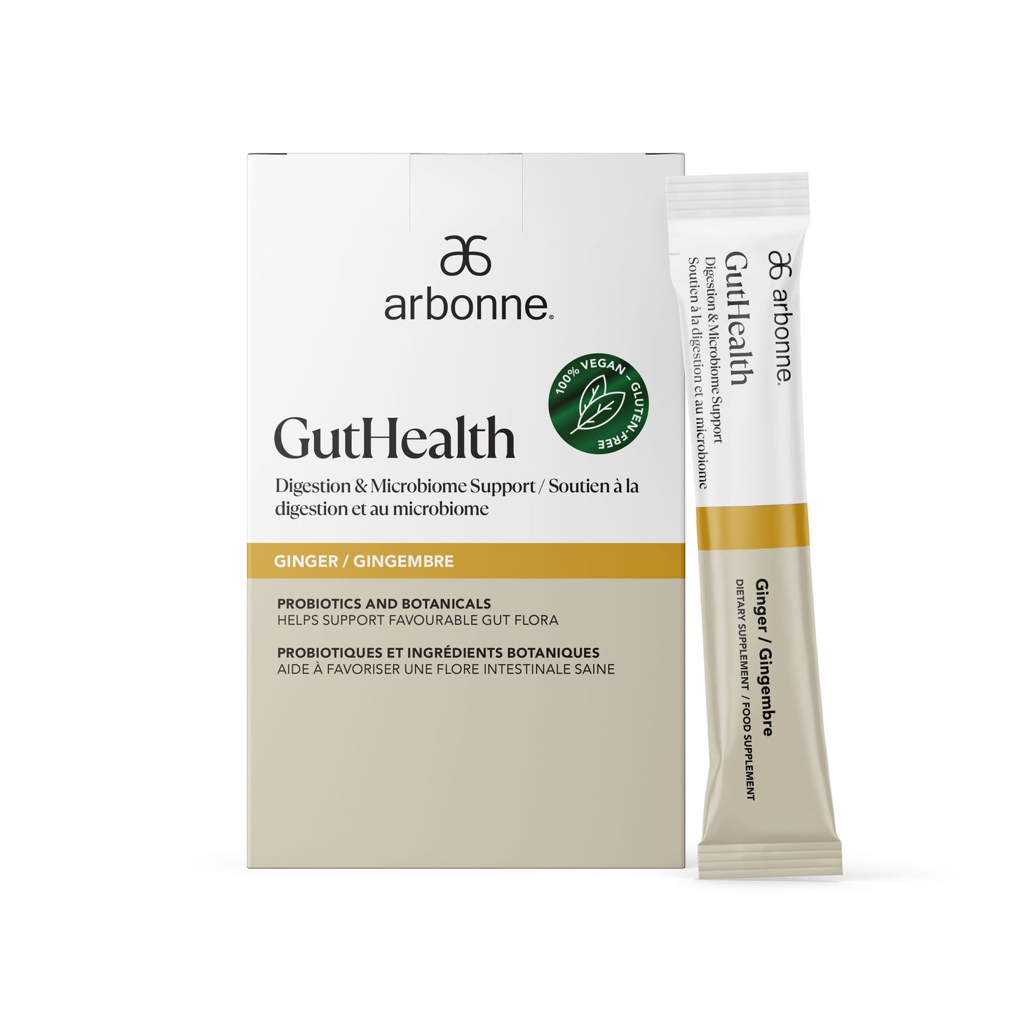 MindBodySkin Arbonne GutHealth Digestion and Microbiome Support with Ginger, containing probiotics and botanicals.