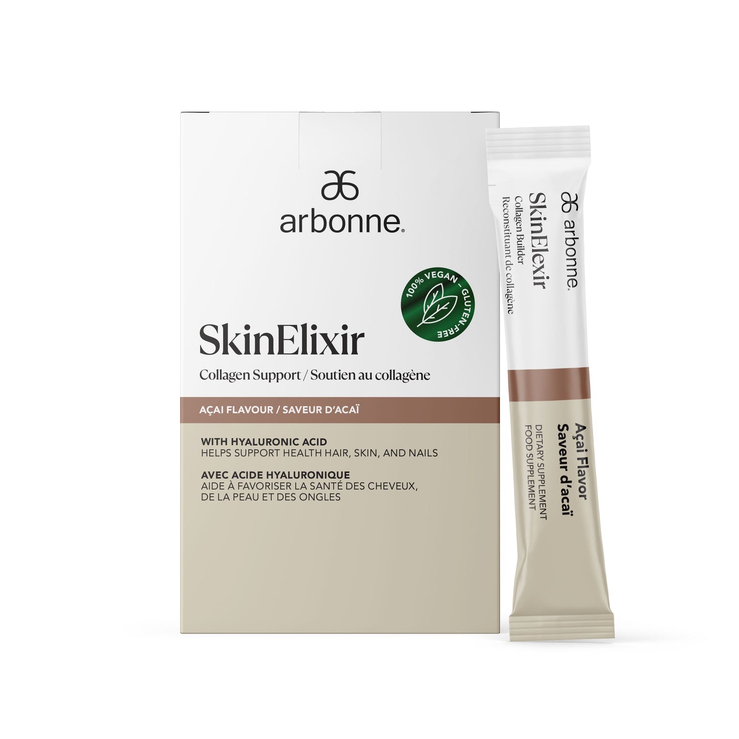 Arbonne SkinElixir Collagen Support in Açai Flavor by MindBodySkin, with hyaluronic acid for healthy hair, skin, and nails.