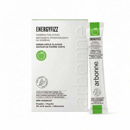 Arbonne EnergyFizz Ginseng Green Apple Flavour Fizz Sticks packaging on a white background