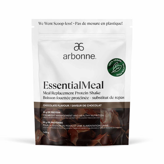 Arbonne EssentialMeal chocolate flavor meal replacement protein shake packet, vegan and gluten-free.