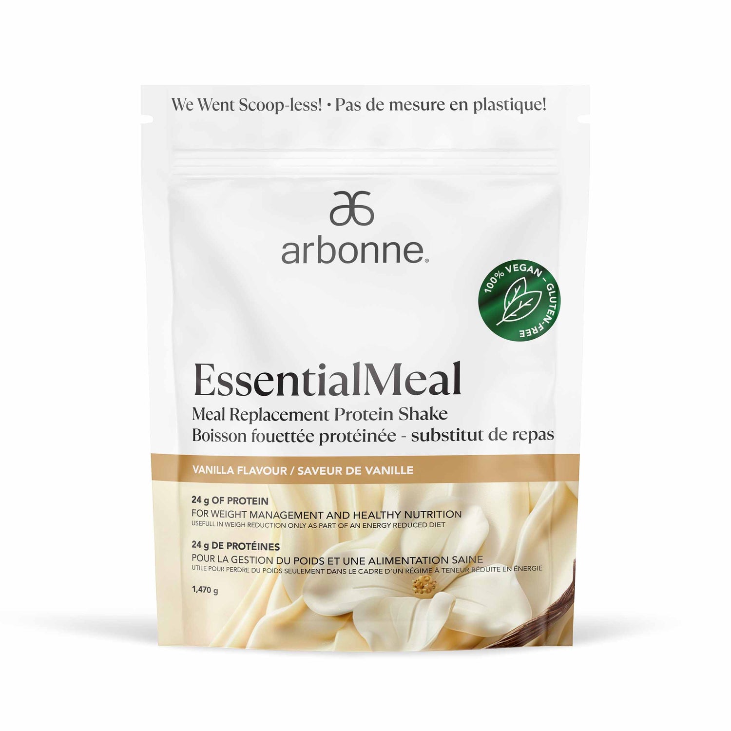 Arbonne EssentialMeal vanilla flavor meal replacement protein shake packet, vegan and gluten-free.
