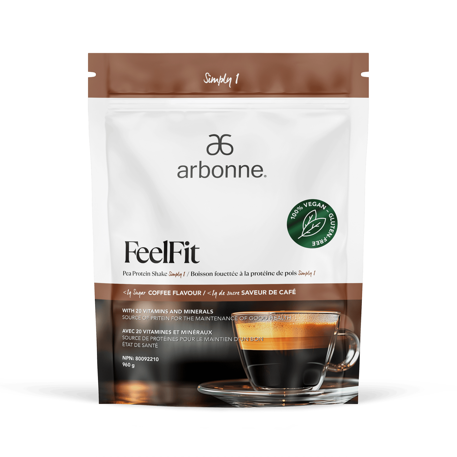 Arbonne FeelFit vegan pea protein powder in coffee flavor, displayed in a sleek white and brown packaging with a green vegan certification seal, against a white background.