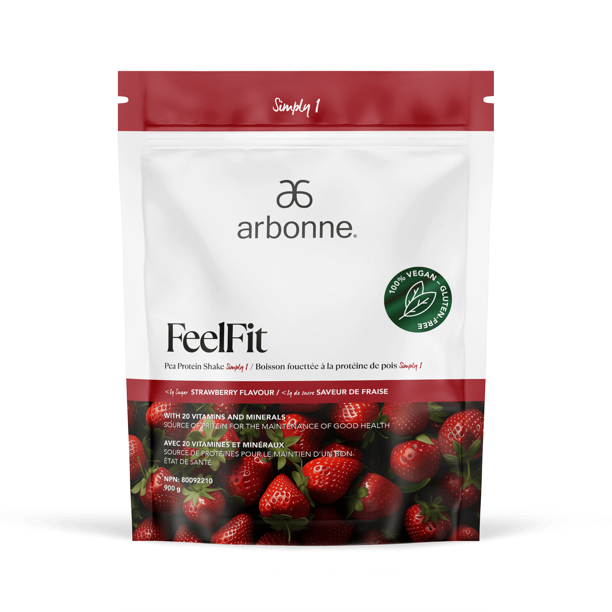 Arbonne FeelFit vegan pea protein powder in strawberry flavor, featuring vibrant strawberries on the packaging with a prominent green vegan certification seal, set against a white backdrop.