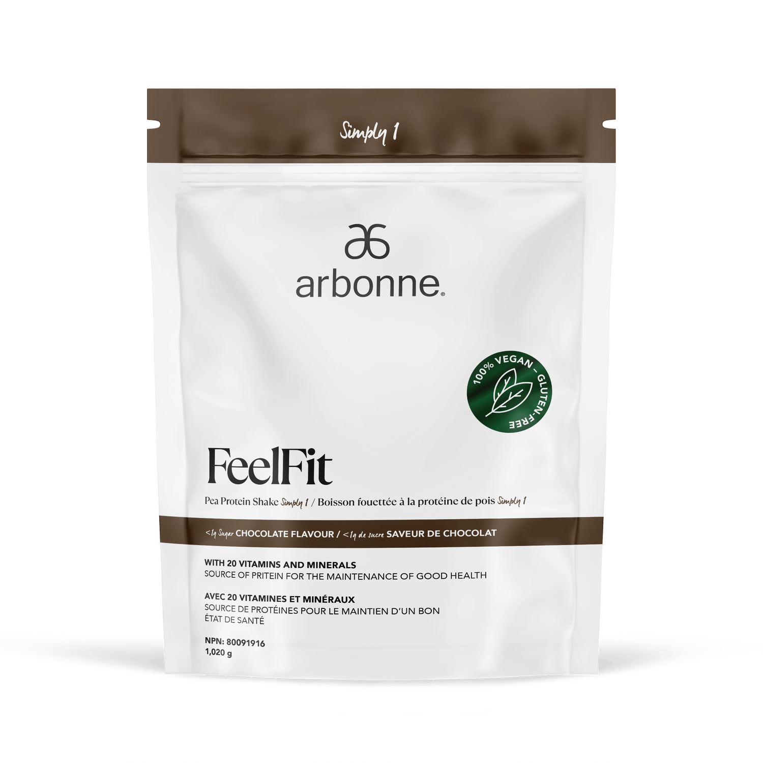 Arbonne FeelFit chocolate-flavored vegan pea protein powder, showcased in a classic white package with a brown accent and the signature green vegan certification seal.