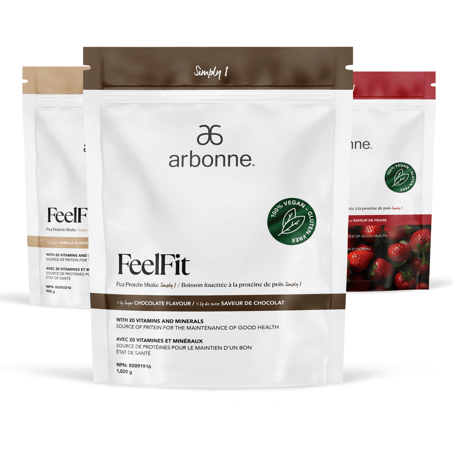 Arbonne FeelFit pea protein shake bags in vanilla and chocolate flavors, displayed with vegan and health benefit callouts.