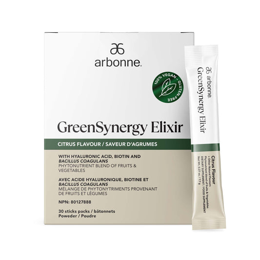 Arbonne GreenSynergy Elixir box with a single packet beside it, labeled as citrus flavor and highlighting ingredients like hyaluronic acid, biotin, and Bacillus coagulans.