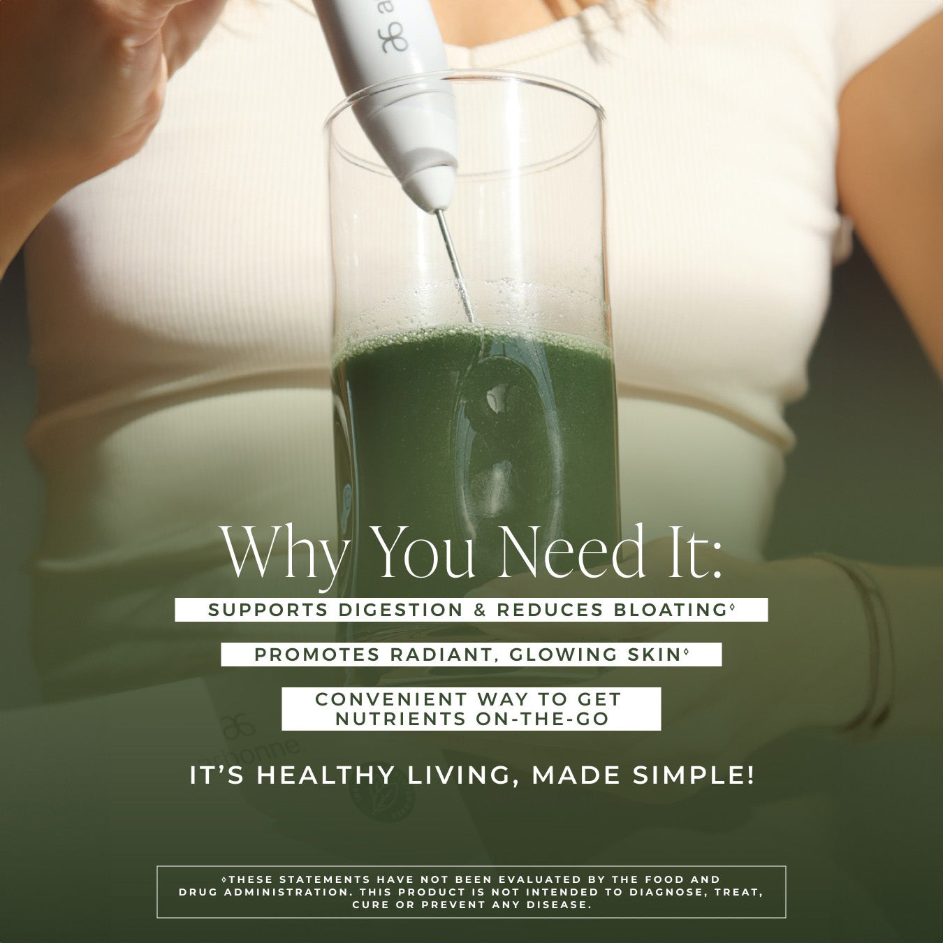 Woman mixing Arbonne GreenSynergy Elixir in a glass with a handheld mixer, with text highlighting the benefits: supports digestion, reduces bloating, promotes radiant skin, and provides nutrients on-the-go.