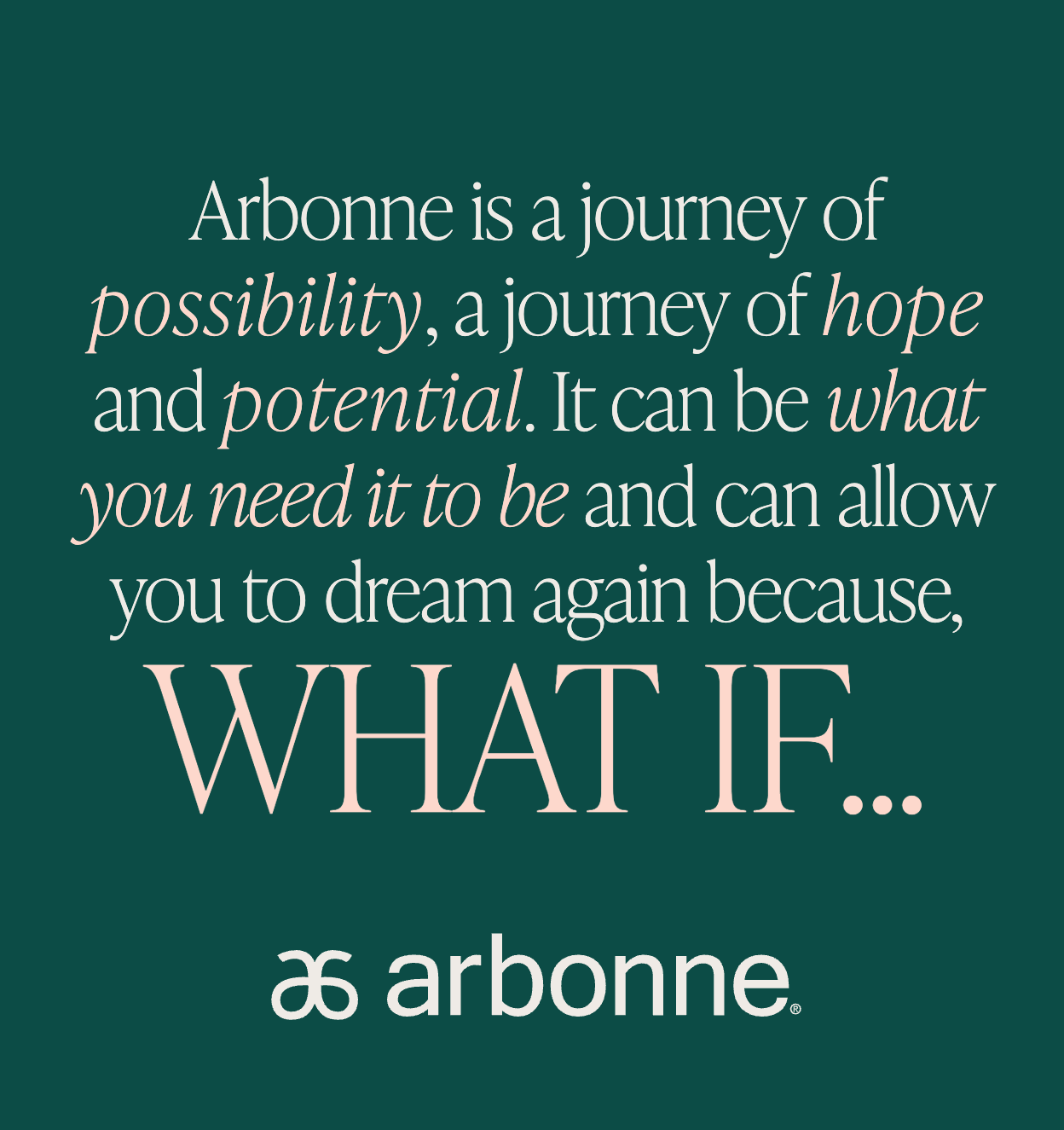 Inspirational Arbonne quote highlighting the journey of possibility, hope, and potential, with the phrase 'What If' in large text.