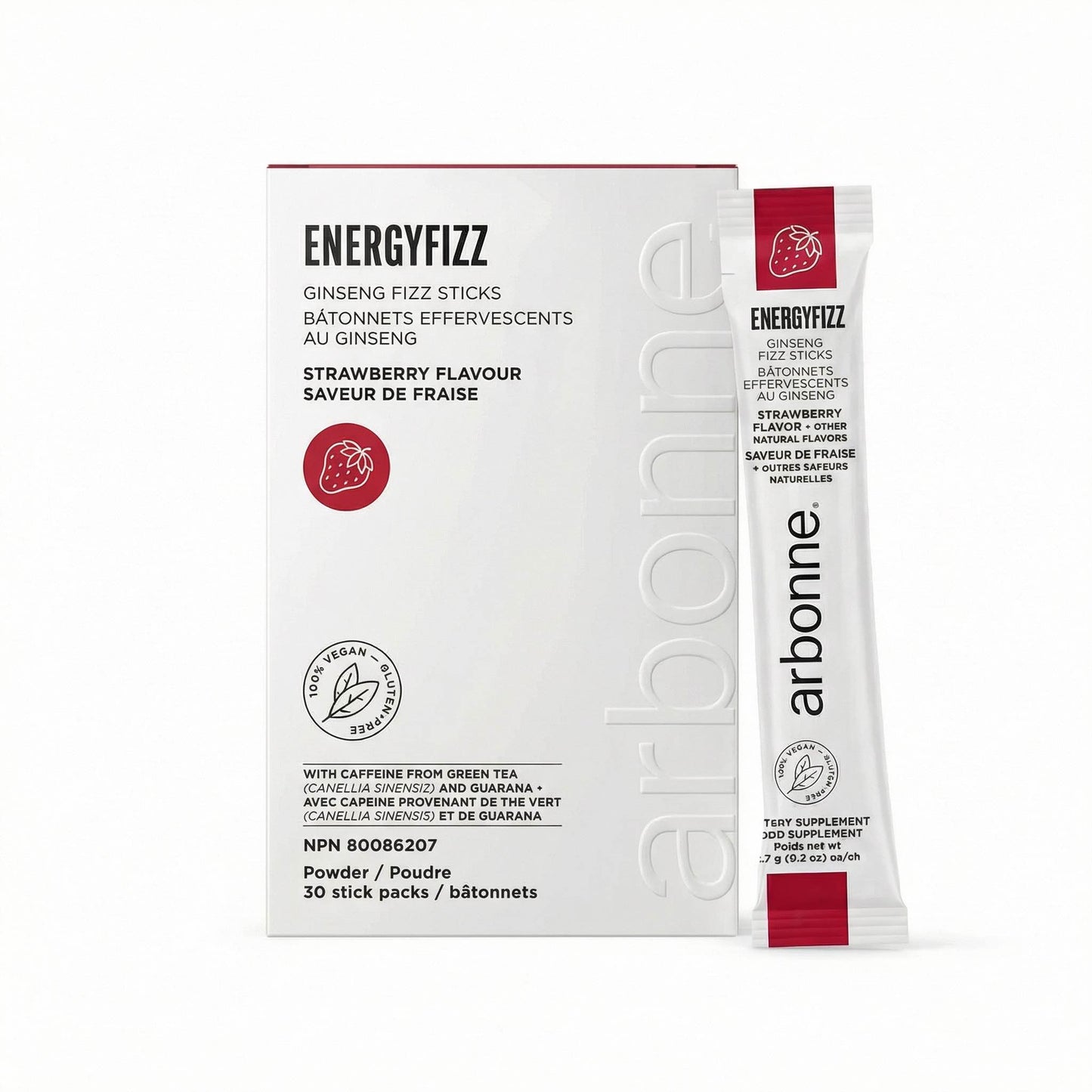 Arbonne EnergyFizz Ginseng Fizz Sticks packaging with strawberry flavor on a white background