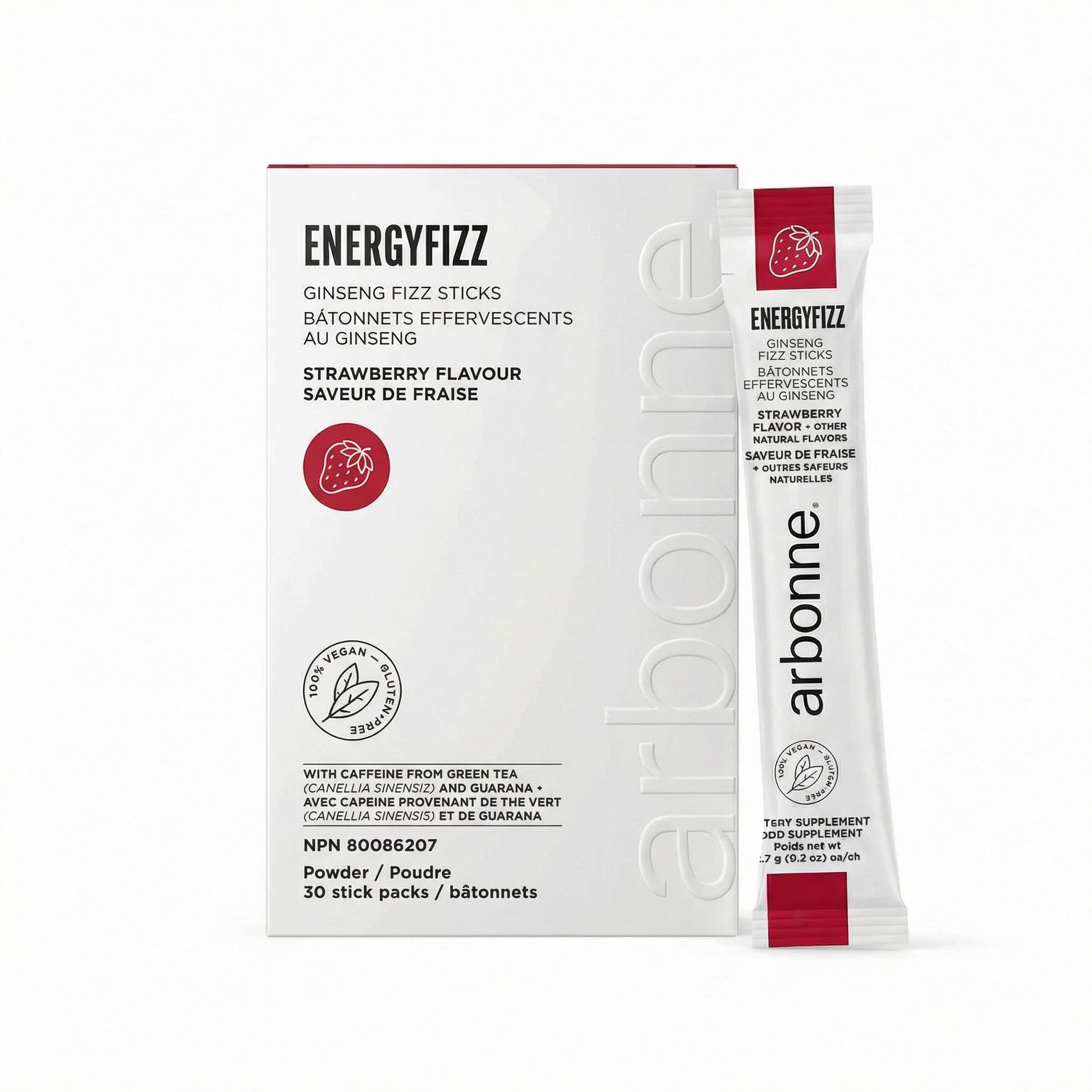 Arbonne EnergyFizz Ginseng Fizz Sticks packaging with strawberry flavor on a white background