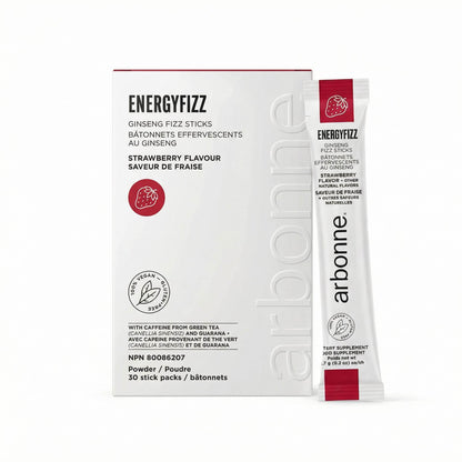 Arbonne EnergyFizz Ginseng Fizz Sticks packaging with strawberry flavor on a white background