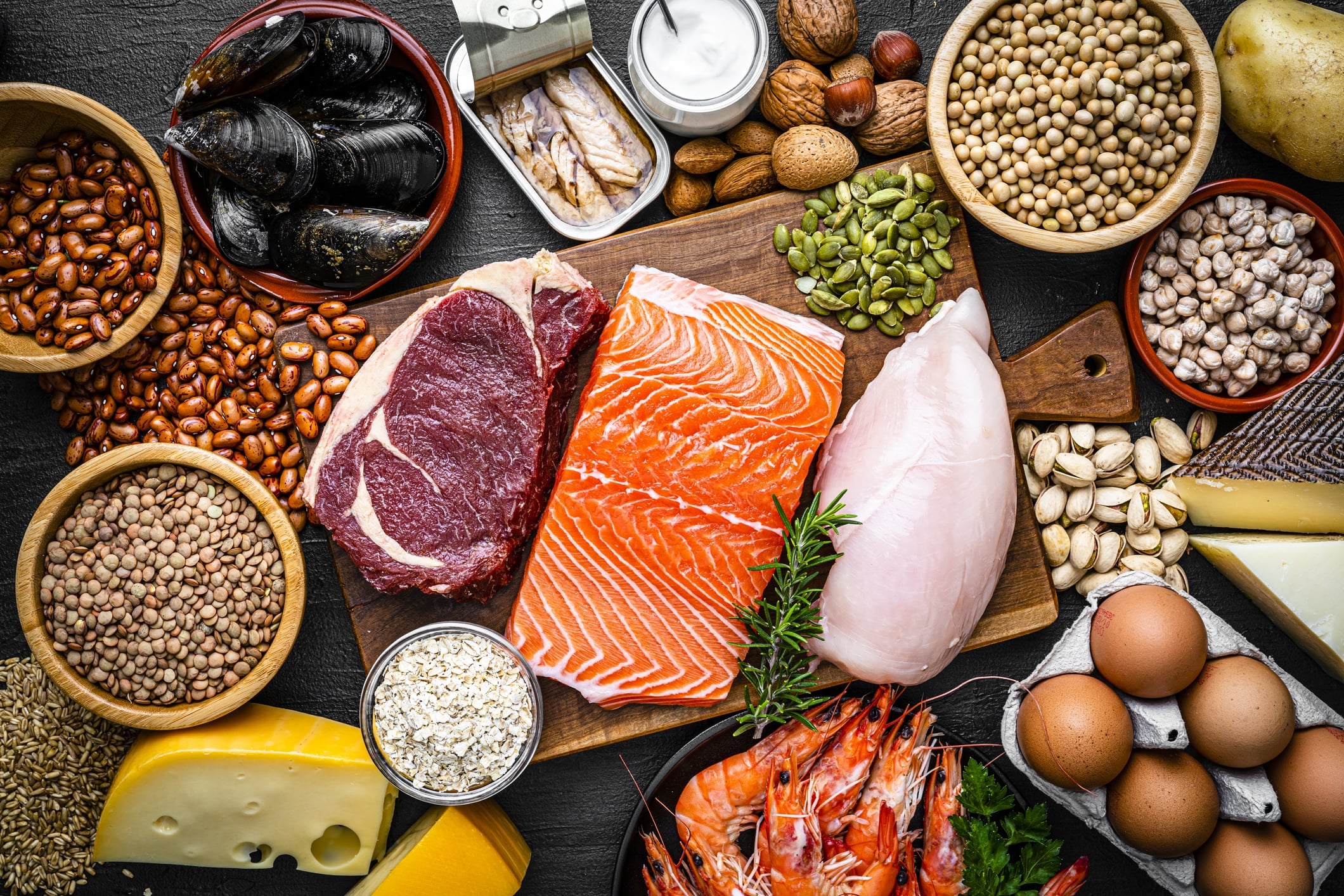 Variety of high-protein foods including raw beef, salmon, chicken breast, shrimp, mussels, cheese, eggs, nuts, seeds, beans, lentils, and grains, arranged on a dark surface.