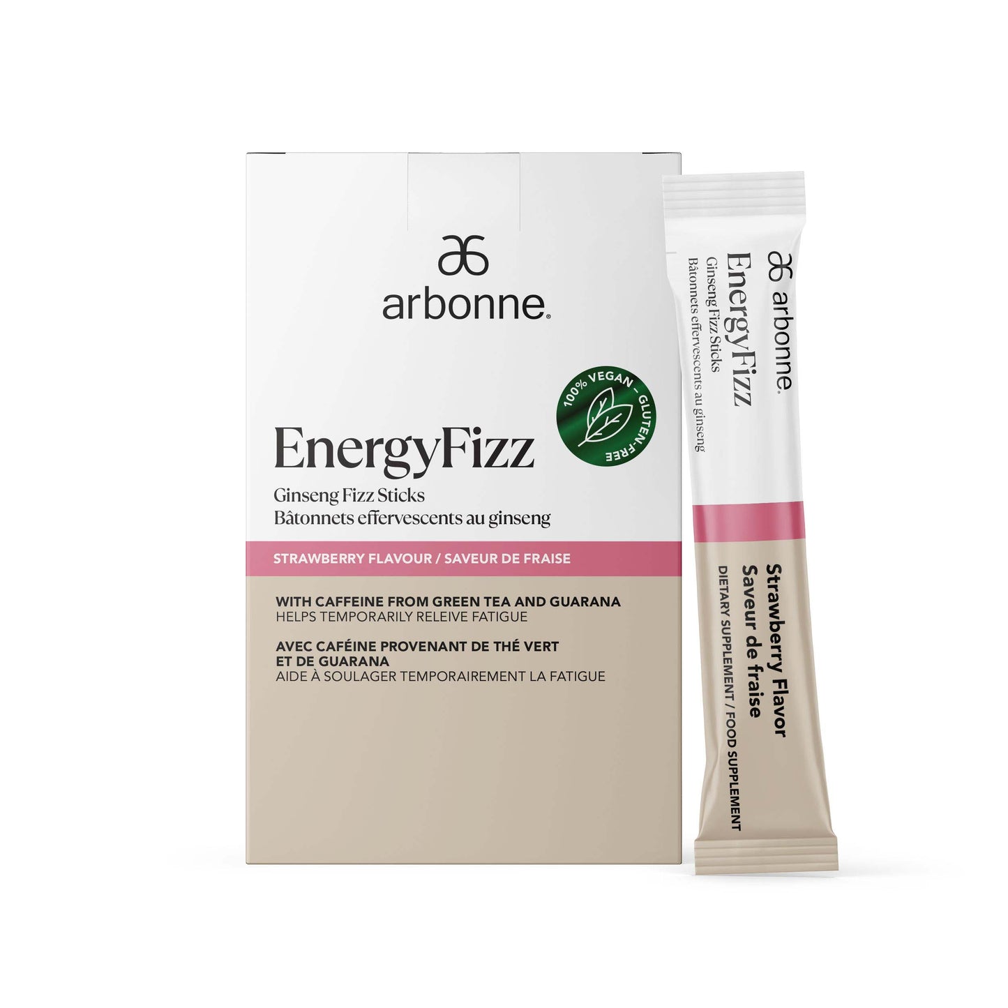 Arbonne EnergyFizz Ginseng Fizz Sticks in Strawberry Flavor, vegan-certified dietary supplement with green tea and guarana caffeine.