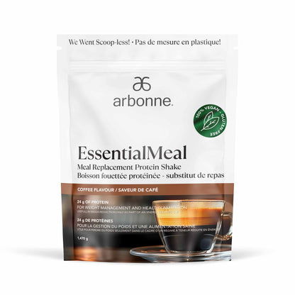 Arbonne EssentialMeal Meal Replacement Protein Shake in coffee flavor packaging, labeled as 100% vegan and gluten-free.