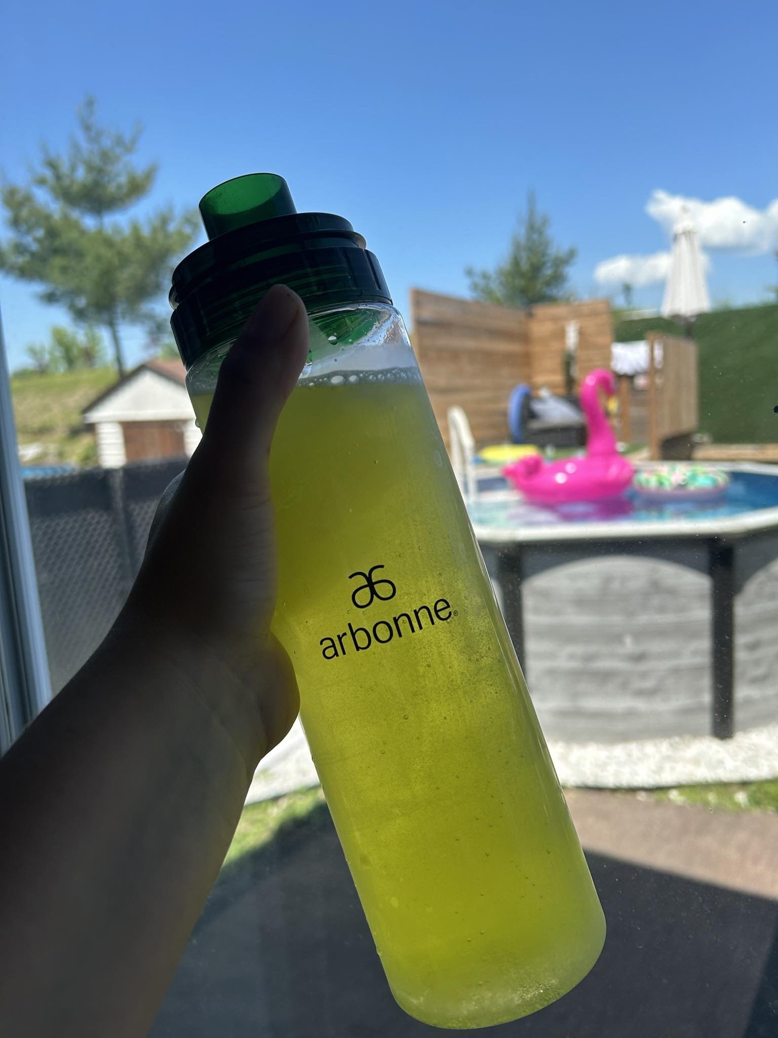 A hand holding a green Arbonne EnergyFizz drink bottle with a pool and an inflatable pink flamingo in the background on a sunny day.