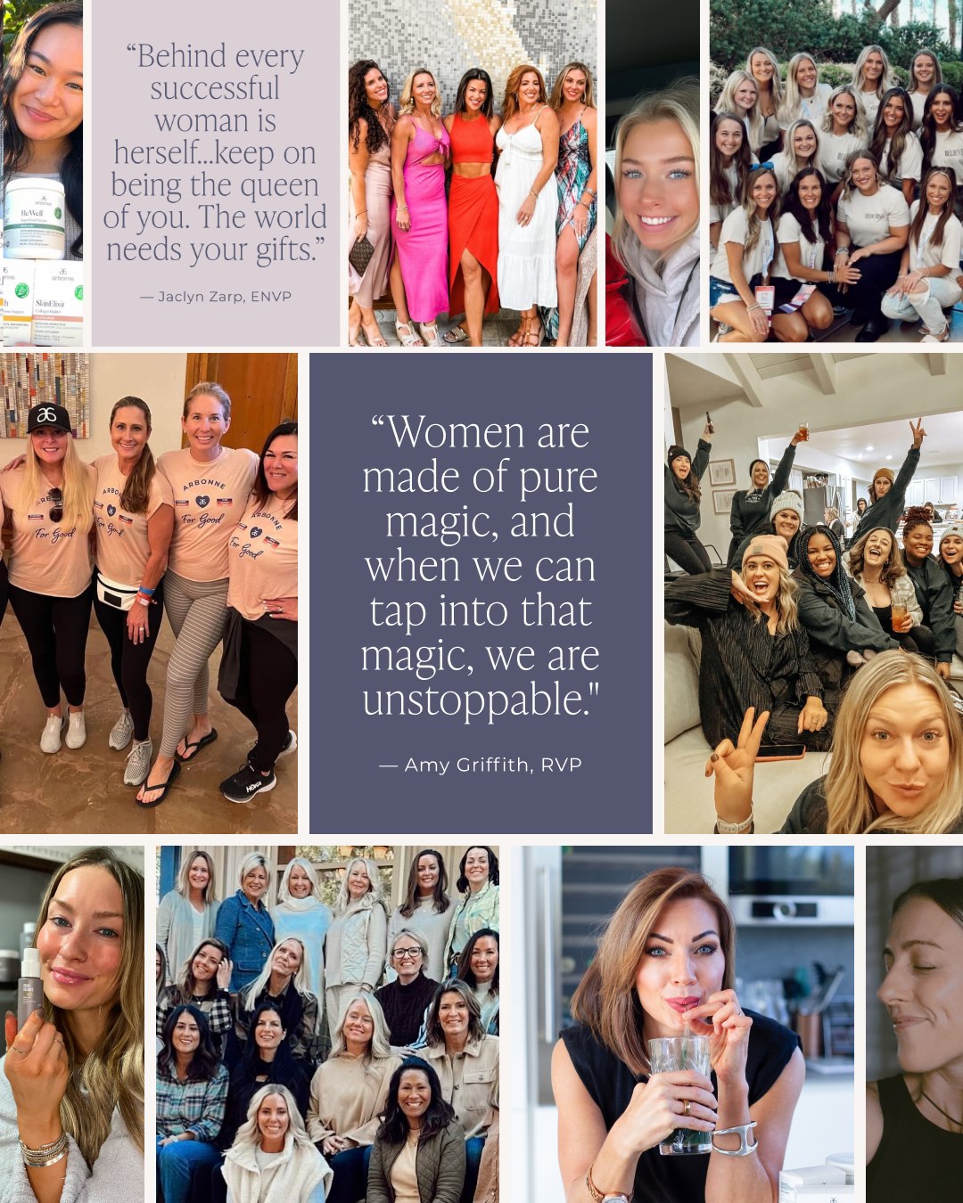 A collage of various images featuring groups of women in different settings, including gatherings, events, and candid moments, alongside inspirational quotes from Jaclyn Zarp and Amy Griffith about women's empowerment.